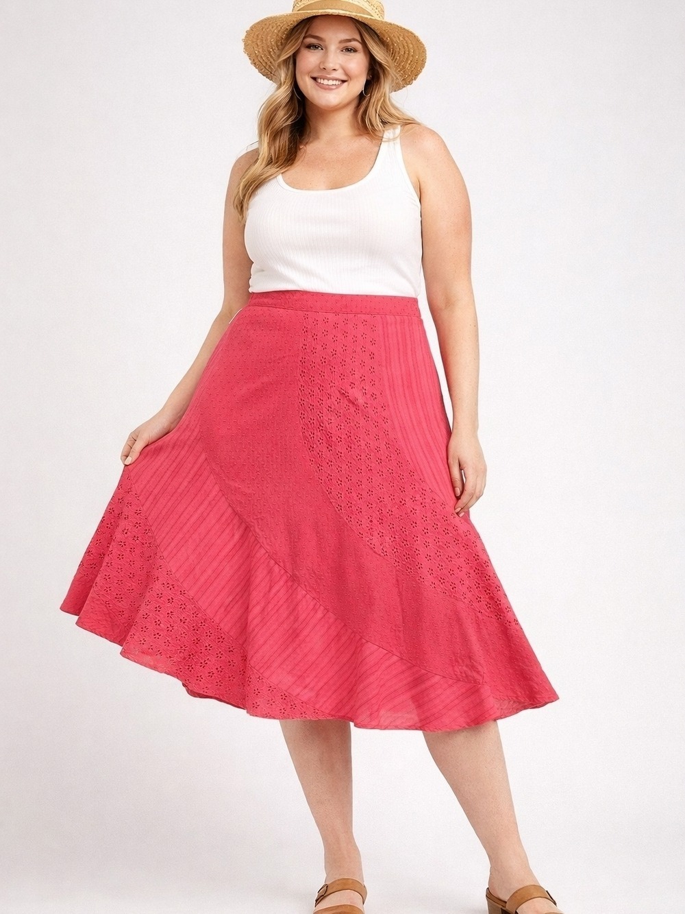 Max Studio Skirt Womens 14 Coral Pink Eyelet Tiered Midi Cotton Boho Cottagecore